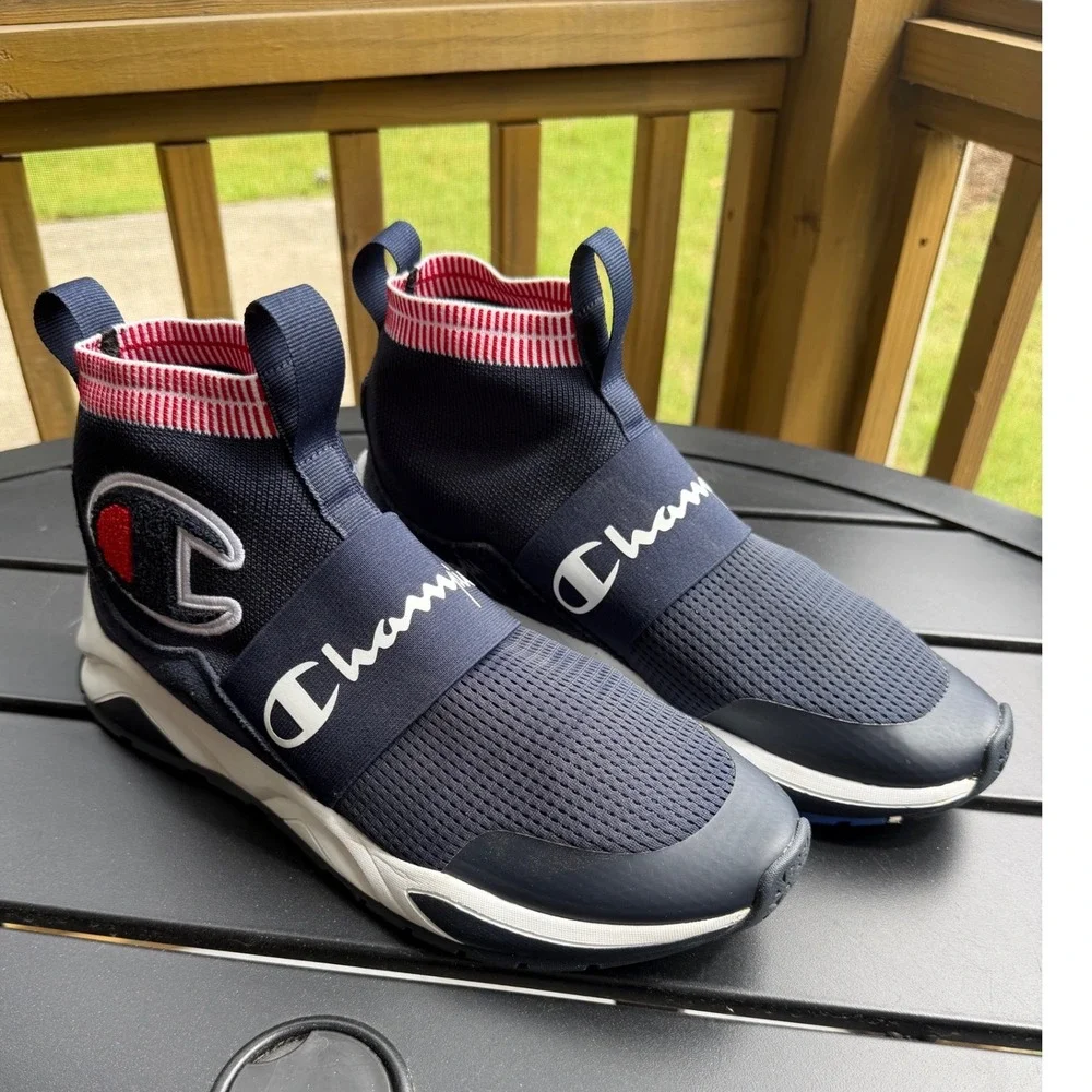 Champion Rally Pro Navy Blue Red White Mid Top Slip On Sneakers Mens 10.5M